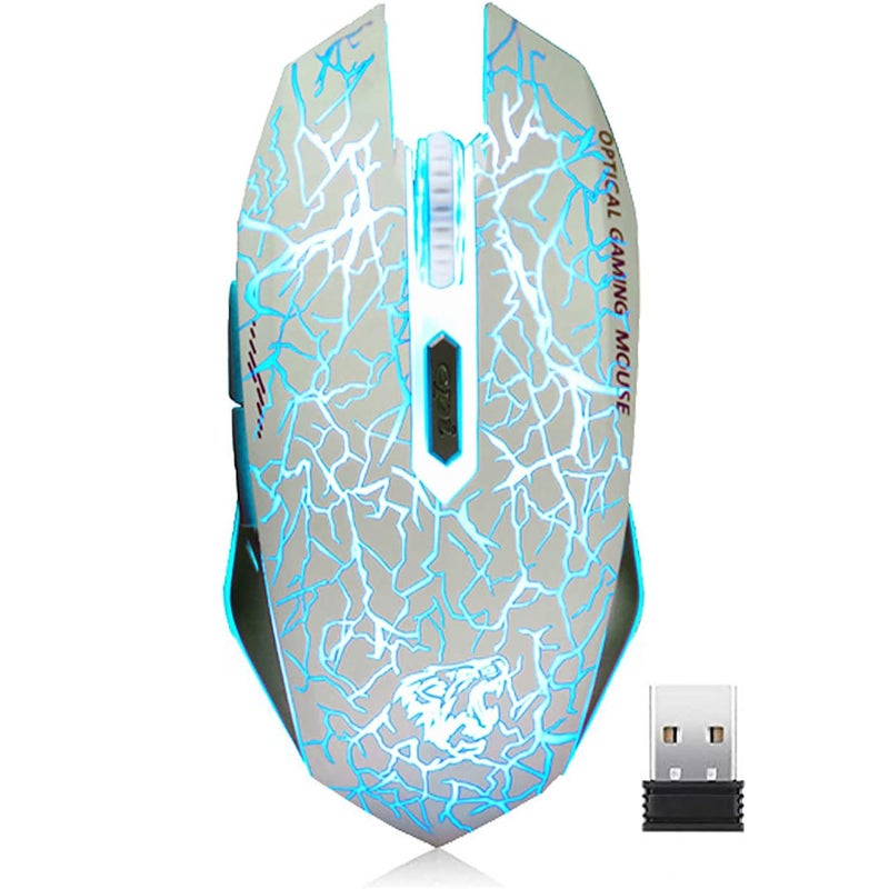 VEGCOO C10 Wireless Gaming Mouse, Rechargeable Gaming Mouse, Silent Optical Mice with 2.4G USB Receiver, 3 Ajustable DPI, 7 Colorful LED Lights for Gamer (White) - Image 1